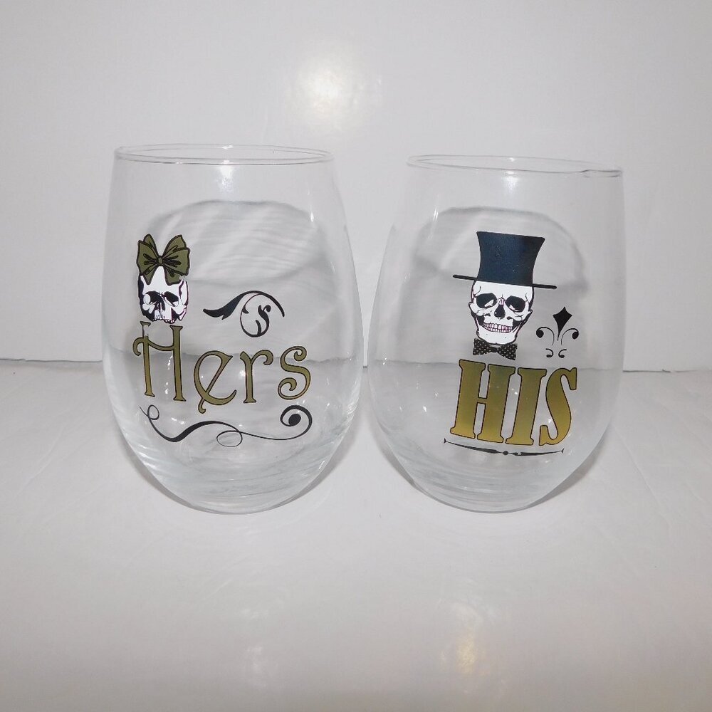 His Her Skeleton Theme Stemless Wine Glasses Tumblers Set 2